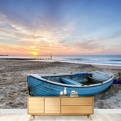 Turquoise Blue Fishing Boat at Sunrise on Beach with Pier Self-Adhesive Large Wallpaper