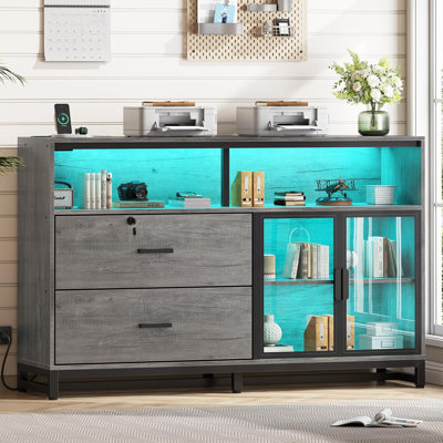 Mandip 59" File Cabinet, 2 Drawers Filing Cabinets Printer Stand With Storage & Led Lights by Wrought Studio