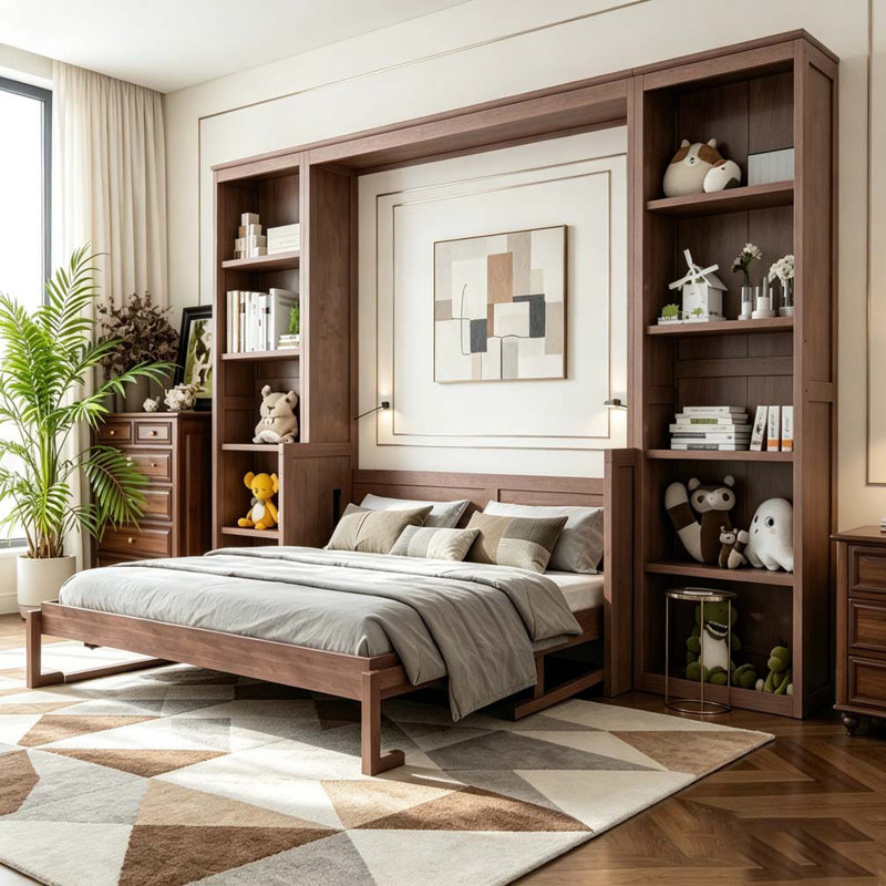 Grand lit escamotable avec bureau et tablettes, Marron foncé