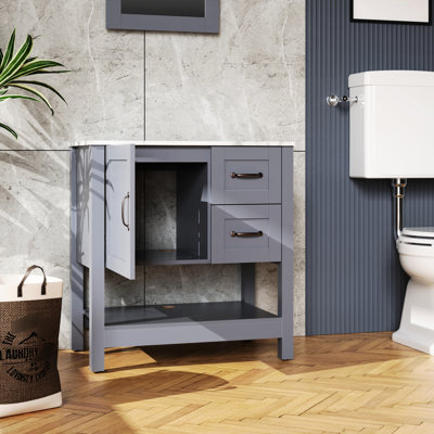 Meuble-lavabo pour salle de bain 30 po - Gris, égratigné, résistant à l'huile, teinté, bleu foncé, aspect tranquille avec miroir et plateau gris, plateau à motif de marbre, bleu