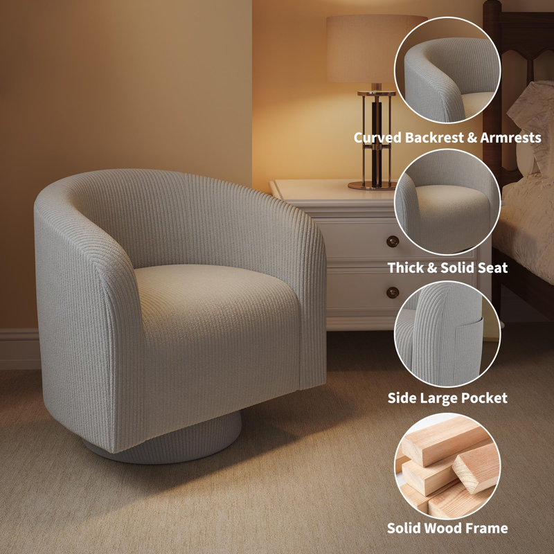 Fauteuil d'appoint pivotant moderne, fauteuil avec accoudoirs rembourrés à 360 ° - dossier arrondi et accoudoirs courbés - base en bois d'ingénierie pour le salon / la chambre à coucher