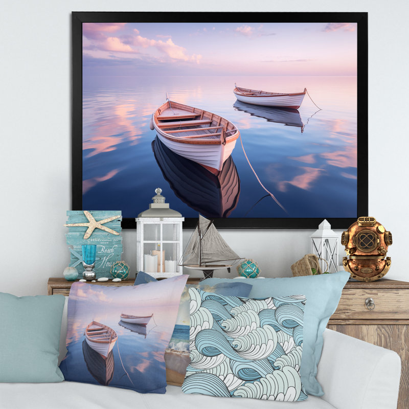 «Dinghy Boat Tranquility Pastel Sunset» sur toile, Cadre photo noir simple, H 34 po x l 44 po x P 1,5 po
