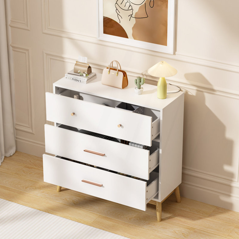 Armoire de rangement à 3 tiroirs de style nordique, commode moderne avec poignées or rose et base en bois massif, petit espace de rangement pour bureau, chambre d'enfant, chambre de bébé
