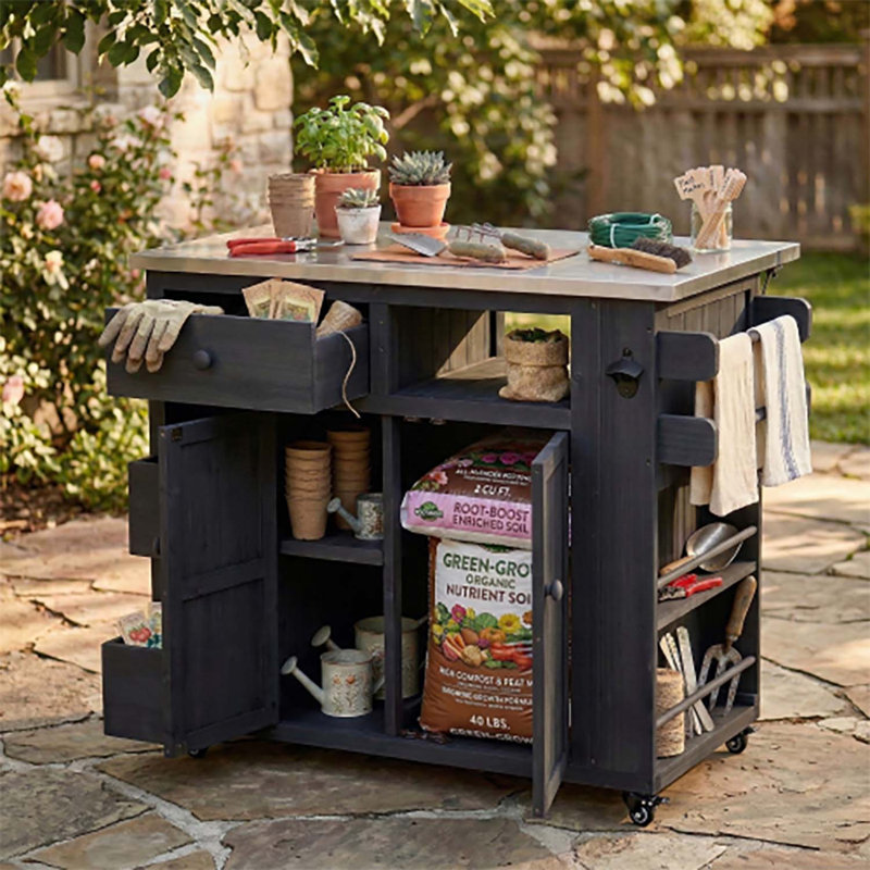 Outdoor Extendable Kitchen Island,Stainless Steel Top with Spice Rack and Storage, Black