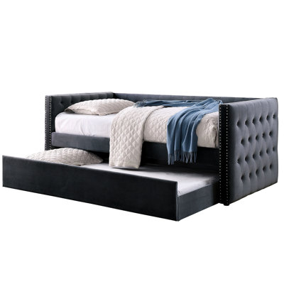 Gray Transitional - Style Daybed With Trundle Featuring Padded Button Flannelette Upholstery, Nailhead Trim And Design, Slat Kit Supplied Trundle, Upholstery Available