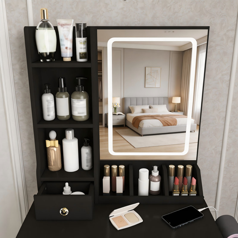 Petite coiffeuse moderne noire avec miroir DEL réglable à 3 couleurs, 3 tiroirs et tablettes ouvertes, support pour sèche-cheveux et prise électrique – Ensemble de toilette complet avec tabouret