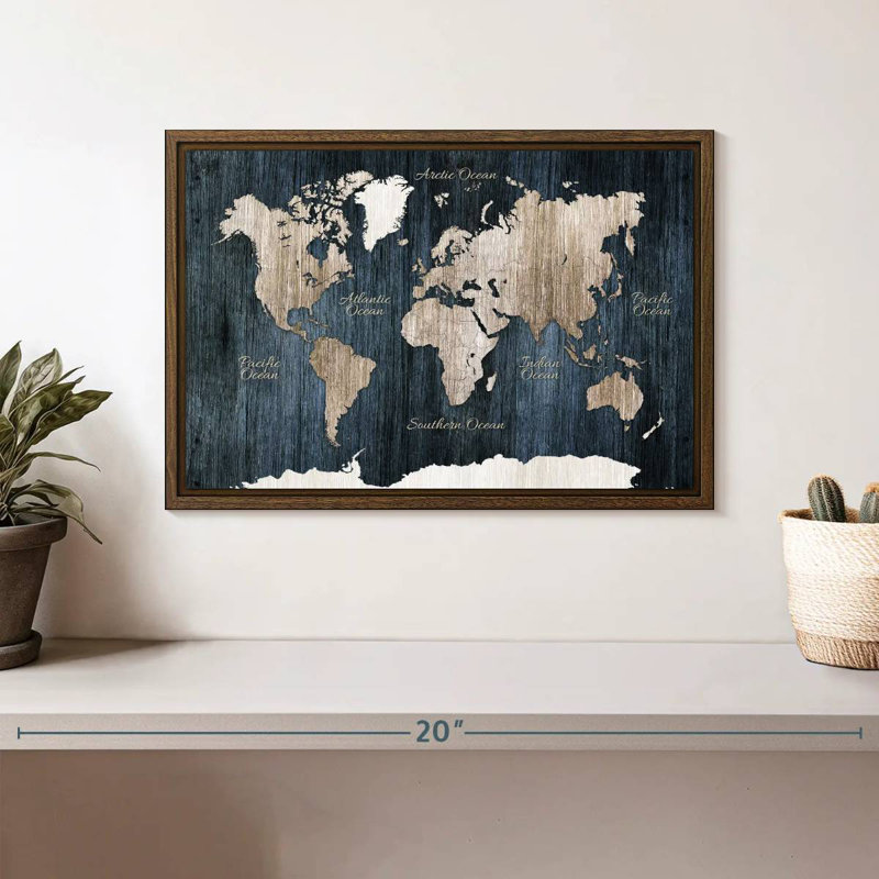 Carte du monde en bois vieilli, 13 po x 9 po, Cadre flottant en noyer