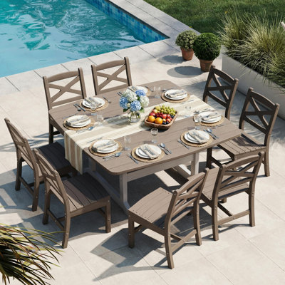 9-Piece Square Outdoor Dining Set with Armchairs, Umbrella Hole, White & Brown