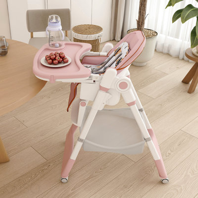 Adjustable Pink Baby High Accent Chair with Safety Belt and Wheels