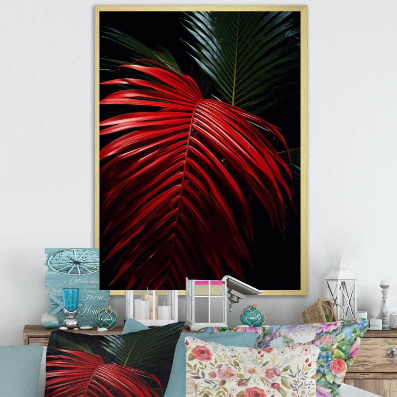 Palmier sur toile, reproduction de photo tropicale rouge - Photo de palmiers rouges, Cadre doré, H 32 po x l 24 po x P 1 po