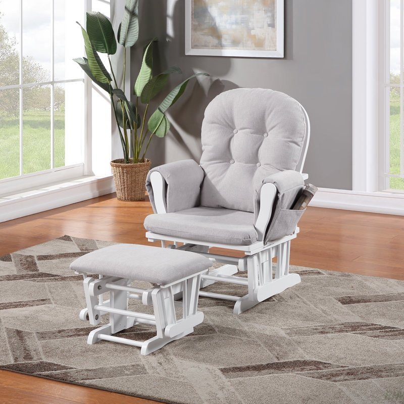 Fauteuil coulissant et repose-pieds Mason en bois blanc et tissu gris tissé