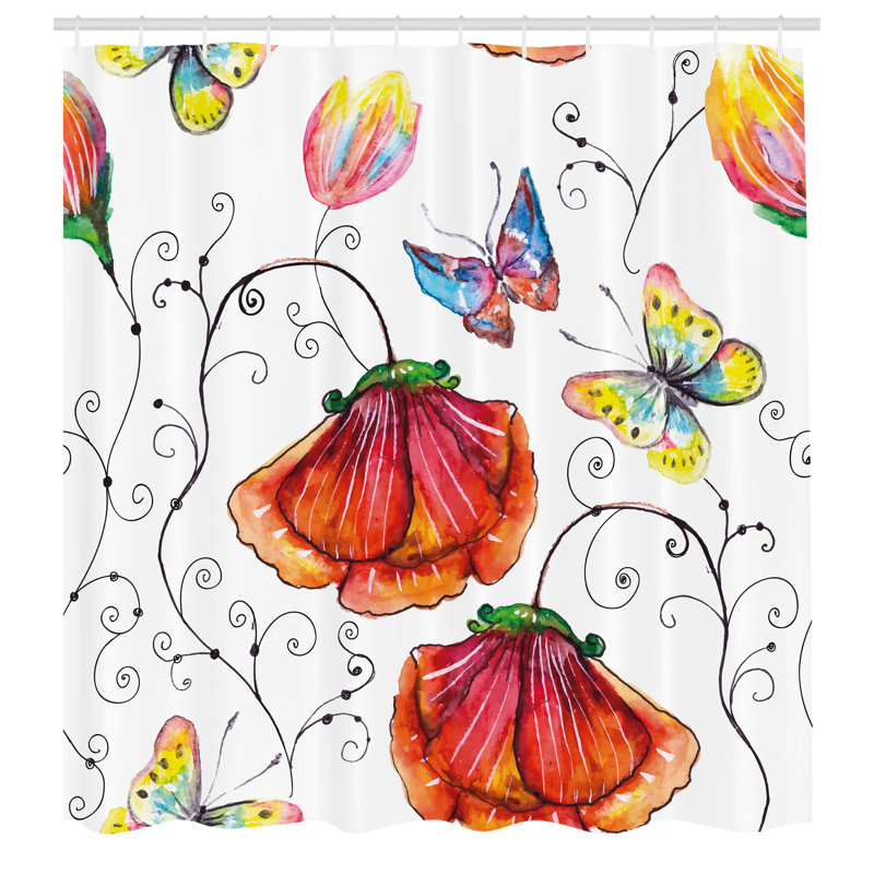 Watercolor Floral and Butterfly Polyester Shower Curtain, 69" W x 70" L, Multicolor