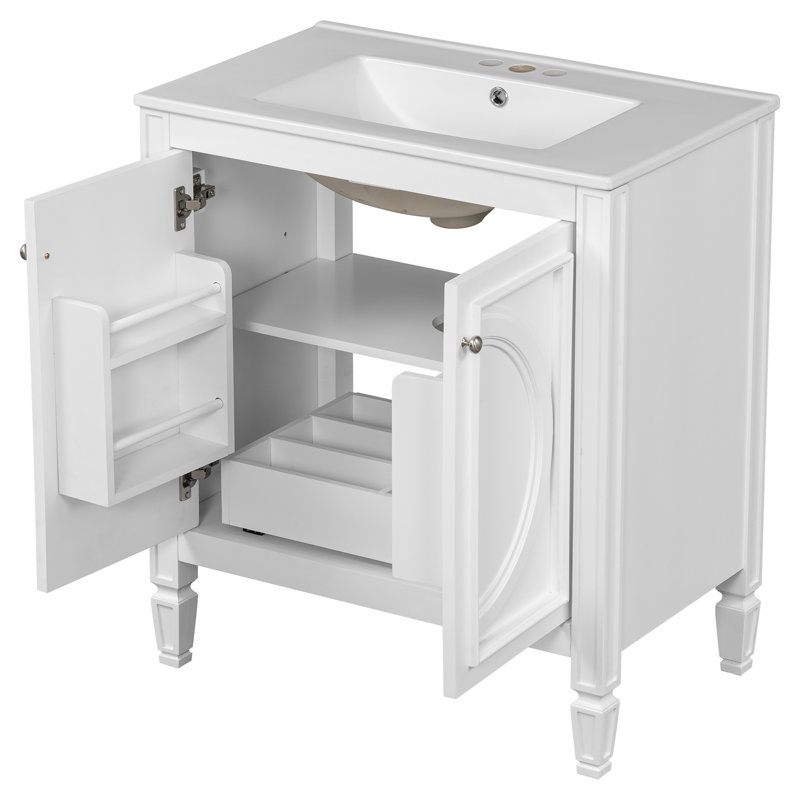 Meuble-lavabo de style rétro avec lavabo, deux portes et tablette intérieure, charnières à fermeture en douceur, Blanc