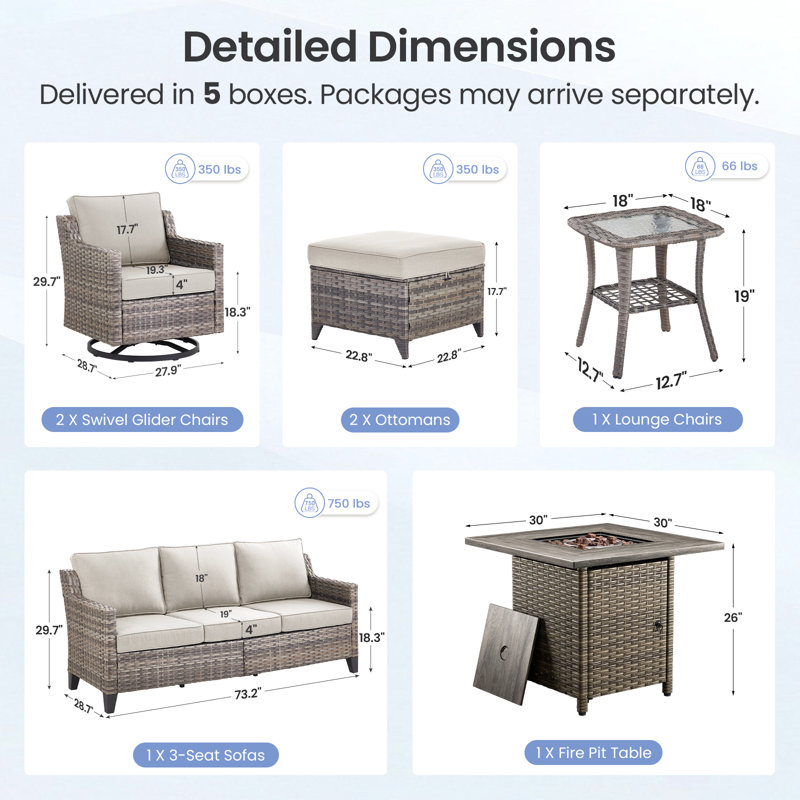 Maelie 7-Piece Outdoor Patio Fire Pit Conversation Set With Square Fire Pit, Swivel Gliders, Ottomans And Side Table, Beige