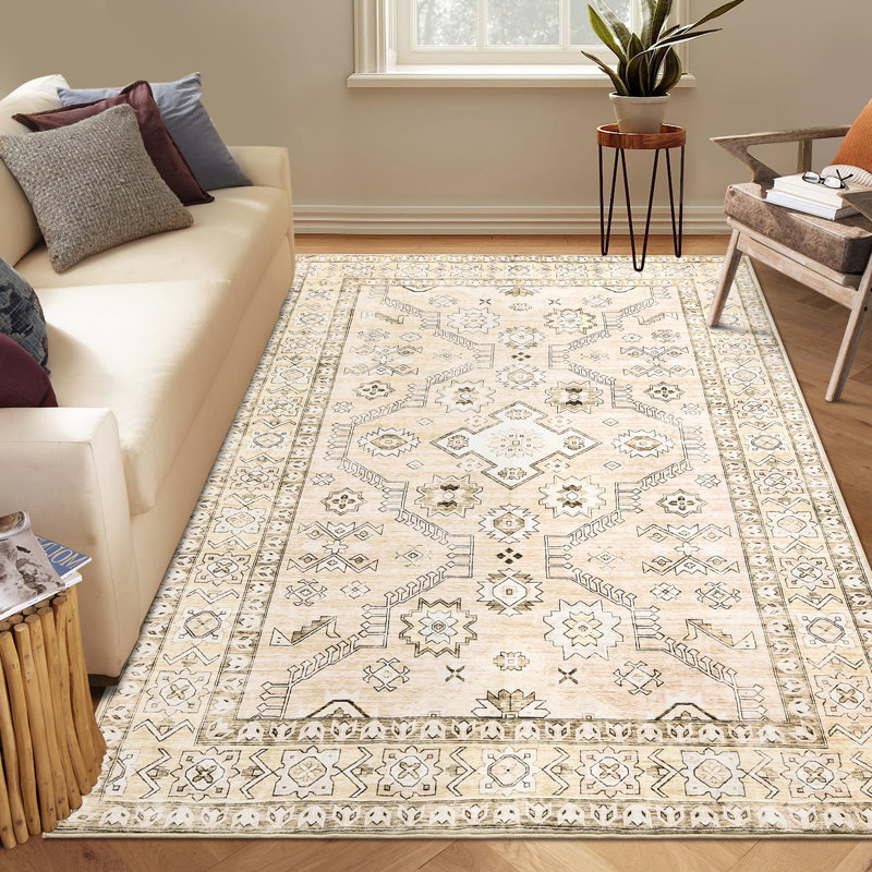 Machine Washable Rug with Rubber Backing for Living Room Vintage Non-Slip Dining Room Rug Easy-Cleaning Oriental Floor Carpet for Bedroom Office Playroom