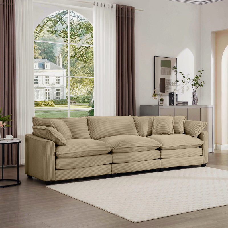 Canapé modulaire Mid-Century 3 places avec 5 coussins, design ergonomique et tissu velours côtelé pour un confort ultime