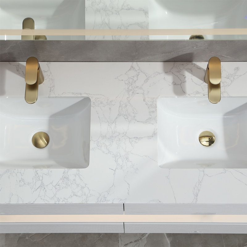  48" Wall Mounted Double Solid Wood Bathroom Vanity with Engineered Stone Top and Light, White