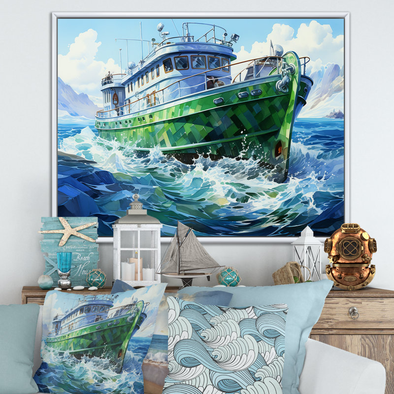 «Green Cubist», art mural mural, Cadre flottant blanc, H 30 po x l 40 po x P 1,5 po