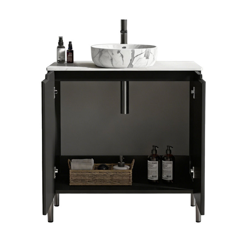 Meuble-lavabo simple 30 po avec plateau en pierre d'ingénierie Nivaeh, Oval, Noir