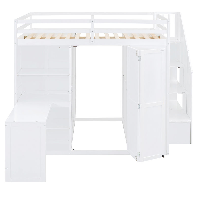 Lit superposé double avec garde-robe, bureau et tablettes, Blanc