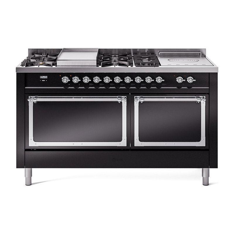 ILVE Nostalgie II Noblesse 60 in Dual Fuel Range 7 Burner, Griddle, Frenchtop, Liquid Propane, Glossy Black/Chrome