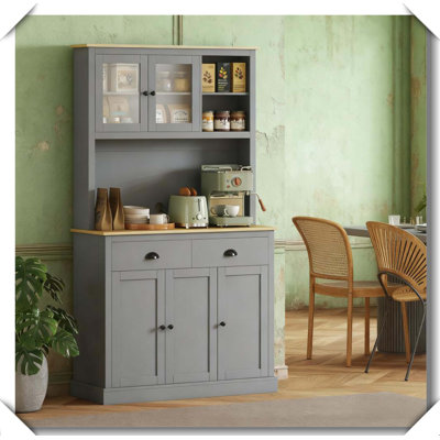 Freestanding Pantry Kitchen Cabinet Coffee Bar Microwave Station Display Shelf Cable Hole