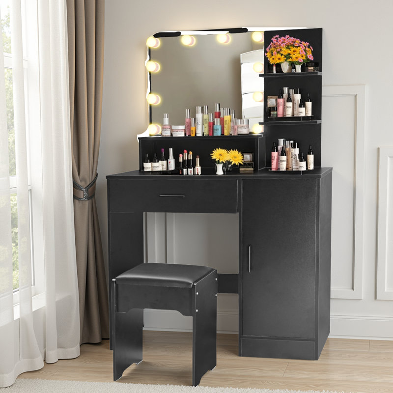 Meuble-lavabo noir avec lumières DEL réglables, rangement spacieux et assemblage facile