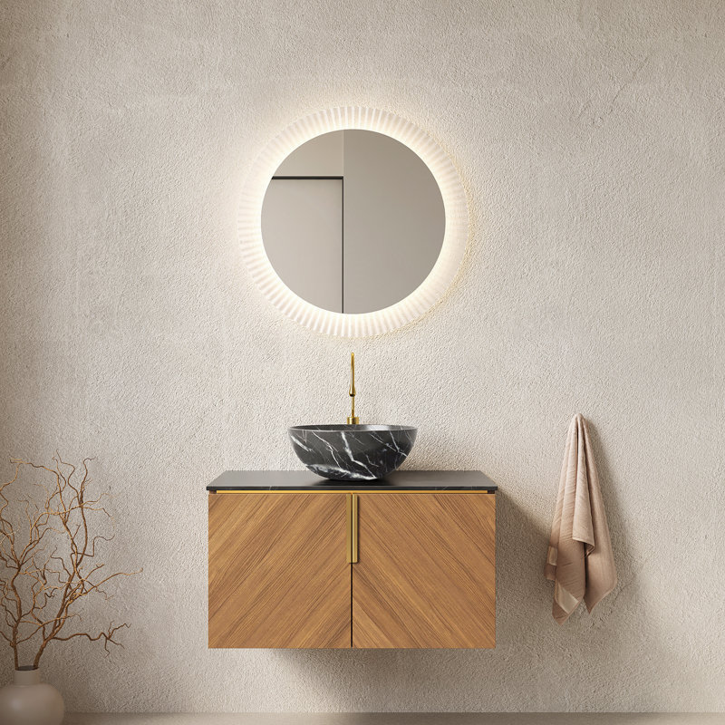 Meuble-lavabo de salle de bain 30 po avec lavabo, armoire de rangement murale moderne en contreplaqué avec portes doubles, comptoir en pierre frittée noire et cuve en céramique noire, couleur grain de bois espresso