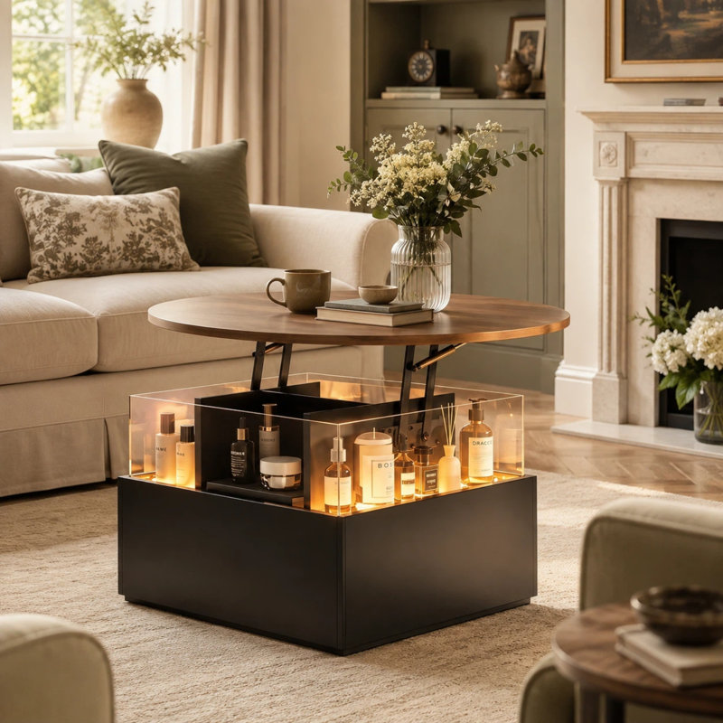 Alpena Round Lift Top Coffee Table with Square Base, Brownblack