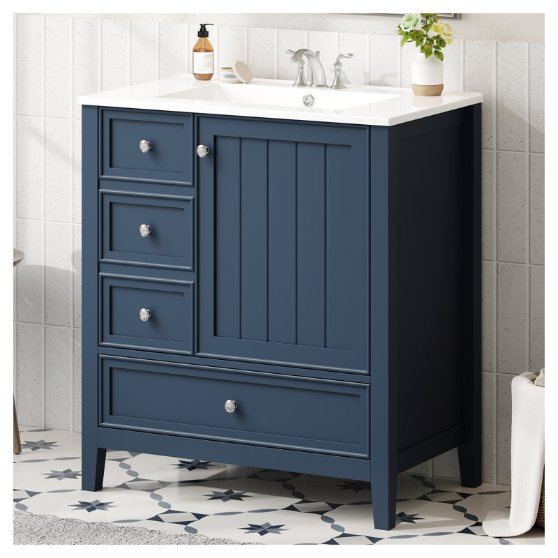 Meuble-lavabo blanc de 30 pouces avec lavabo, armoire et trois tiroirs, Blue