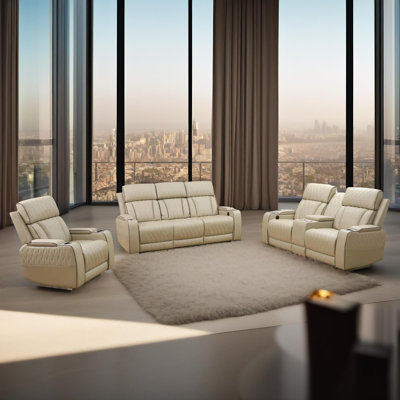  Beige Breathing Leather Living Room Sofa Set ,with wireless charging station, cup holders