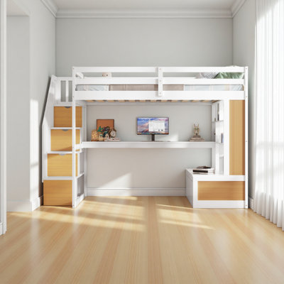 Full Size Loft Bed With Desk And Shelves, Two Built-In Drawers, Storage Staircase