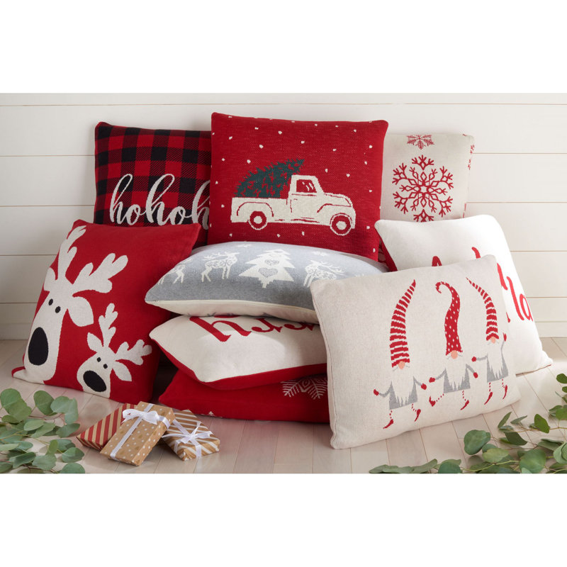 Grey Cotton Christmas Pillow with Reindeer and Snowflakes