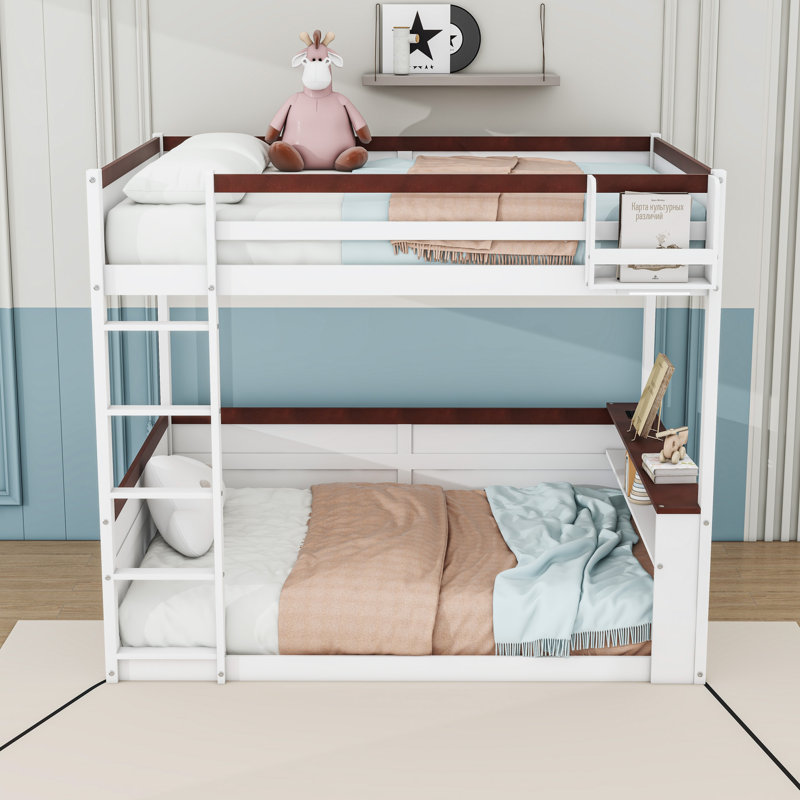 Grand lit superposé en bois avec tablettes intégrées, lumière DEL et USB, Blanc