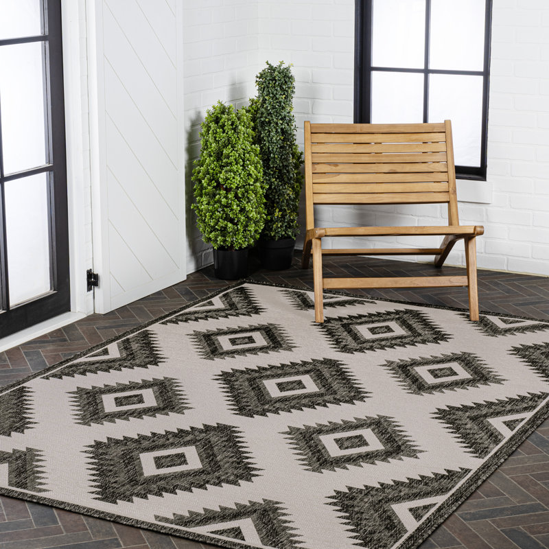 Tapis intérieur / extérieur noir / crème Caherty, Rectangle 2 pi 11 po x 4 pi 11 po