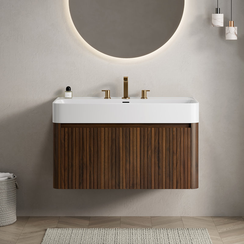 Meuble-lavabo suspendu de 76 cm et 91 cm avec lavabo, armoire de rangement murale, lavabo intégré en surface solide blanc brillant/beige crème chaud, 3 trous prépercés pour robinetterie, portes à fermeture amortie, armoire en noyer et chêne clair