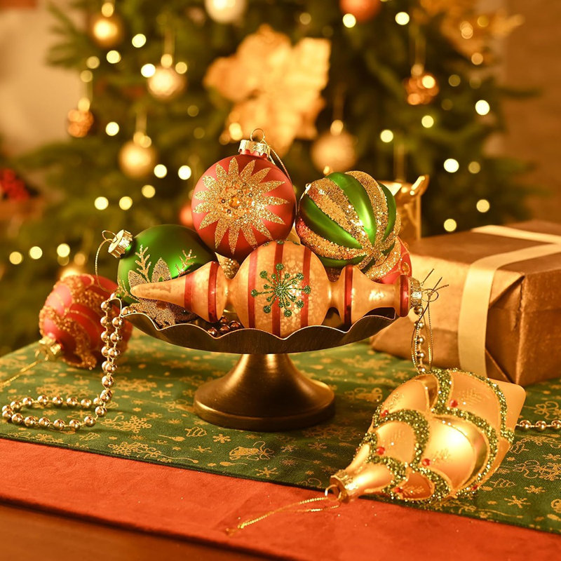 Ensemble d'ornements de Noël en verre soufflé au mercure 10 carats - Rouge, vert et doré