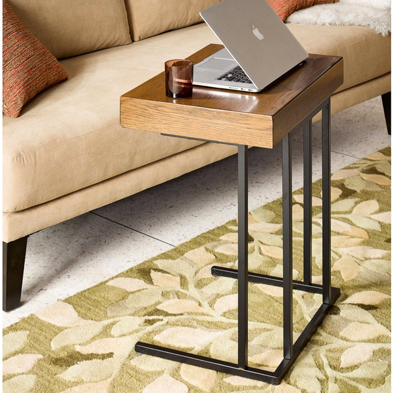 Table fonctionnelle escamotable en bois massif, pièces en métal et tiroir de base en bois