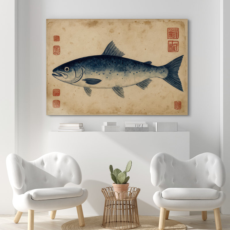 «Classic Blue Fish with on Aged fond», reproduction d'art sur toile encadrée, Wrapped Canvas, H 32 po x l 48 po x P 1,5 po