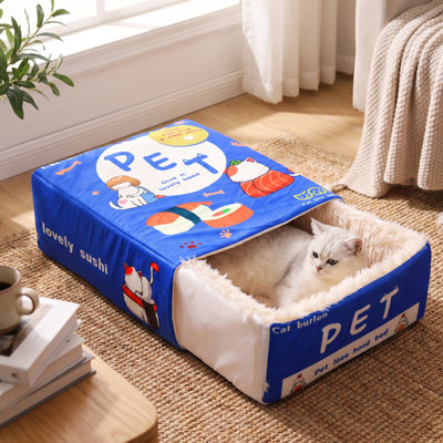 Cat Bed, Snack Box Pet Bed Cartoon Rectangular Fully Enclosed Four Season Universal Multifunctional Soft Pet Bed For Home Travel Blue