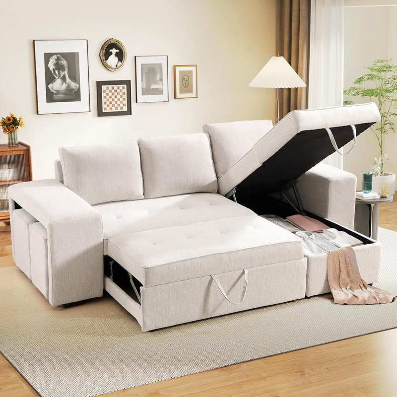 Canapé-lit rembourré Finkbeiner, Mélange de polyester beige