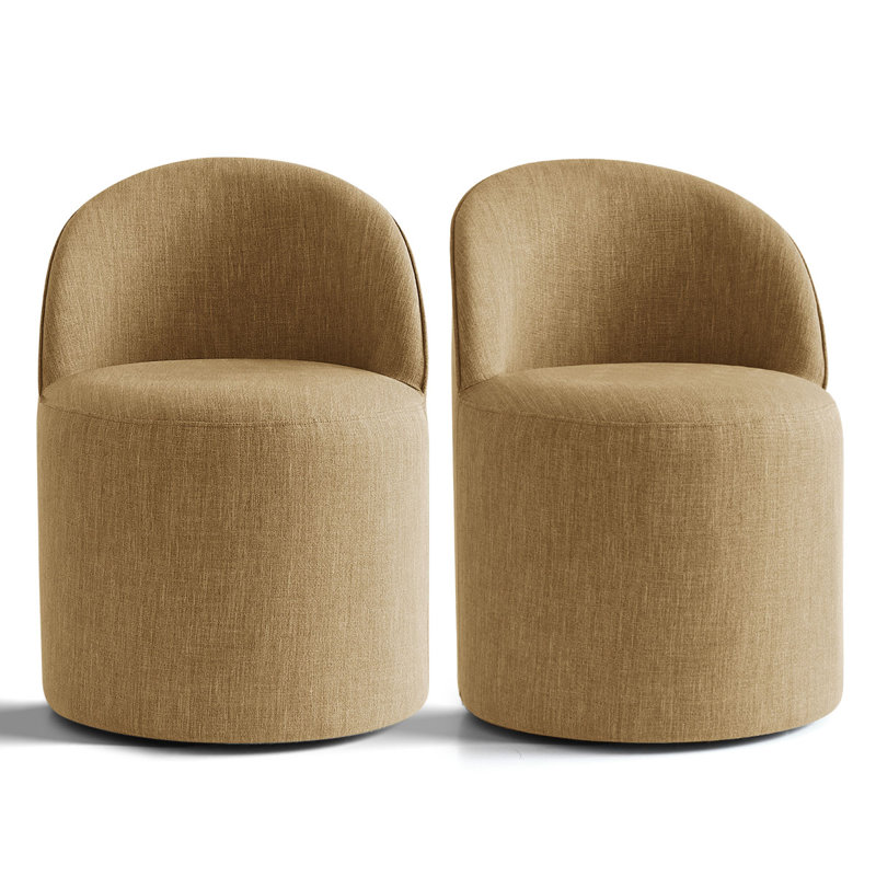 Rolling Small Linen Upholstered Barrel Swivel Chair with Wheels, Sesame
