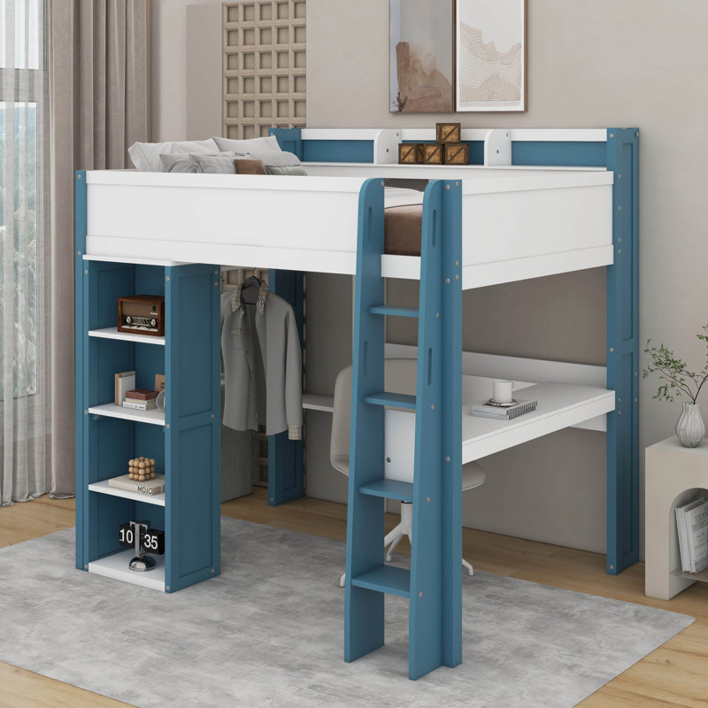 Lit mezzanine double avec tablettes, portemanteaux et bureau, Blanc / Bleu