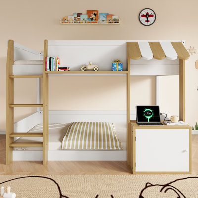 Lit superposé simple au dessus d'un lit simple avec armoire de rangement de chevet et ports USB, conception à deux tons, chambre d'enfant moderne