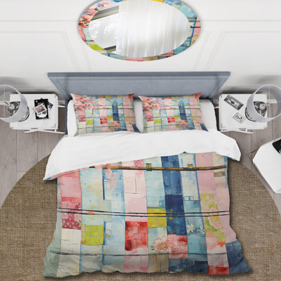 Abstract Blue And Pink Cubic Floral Art - Abstract Floral Duvet Cover Set