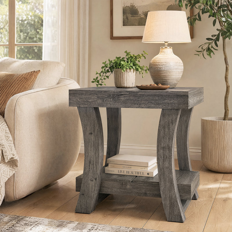 Table de bout étroite avec tablette de rangement, table d'appoint à 2 niveaux pour le salon, ensemble de 2, Grey, 1