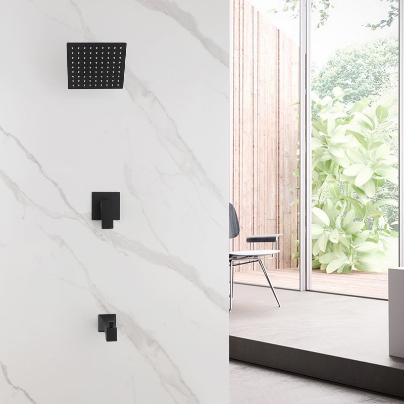 Modern 7.87" Pressure Balance Wall Mounted Shower System with Tub Spout, Solid Brass Rain Shower Faucet Set with Swivel Shower Head