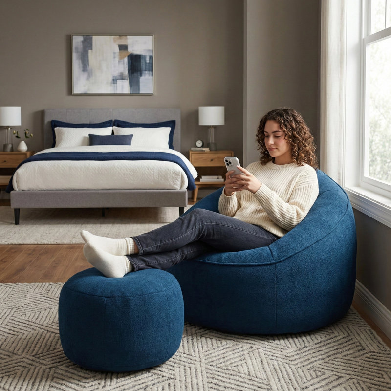 Oversized Round Bean Bag Chair with Ottoman, Memory Foam Lounge Chair for Living Room Bedroom, Navy Blue