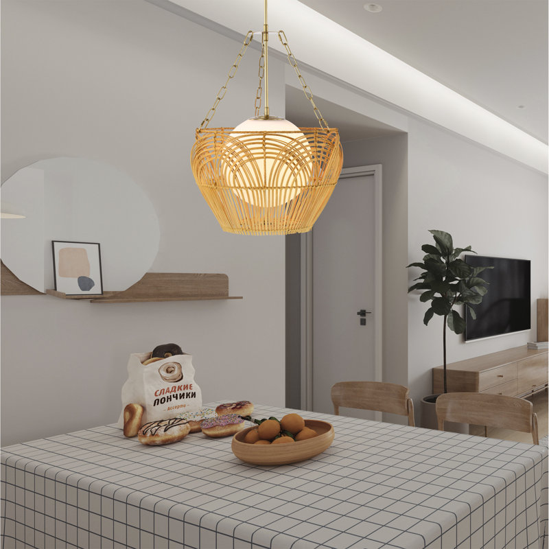 15" Brass and Woven Rattan Globe Pendant Light with Frosted Glass Shade
