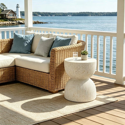 17.13"H Outdoor concrete side table, hourglass-shaped decorative table, faux-marble finish patio/garden stool or coffee table, no assembly required, ribbed design.